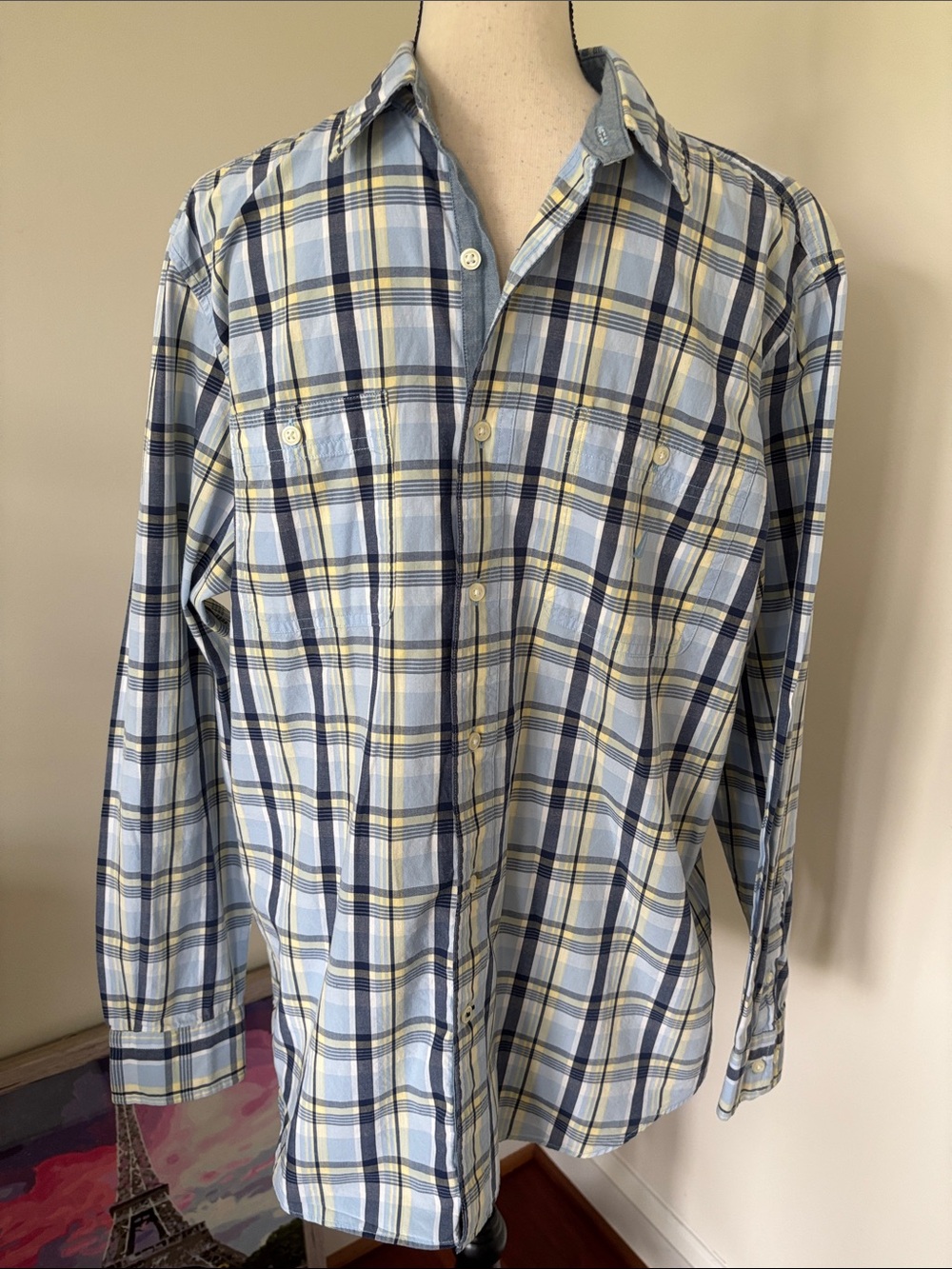 Nautica Light Blue, Navy & Yellow Plaid Short-Sleeve Button-Up Shirt